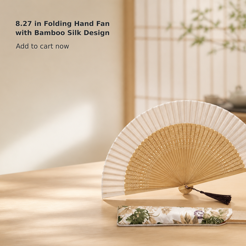 8.27-Inch Handheld Bamboo Silk Folding Fan, Brown