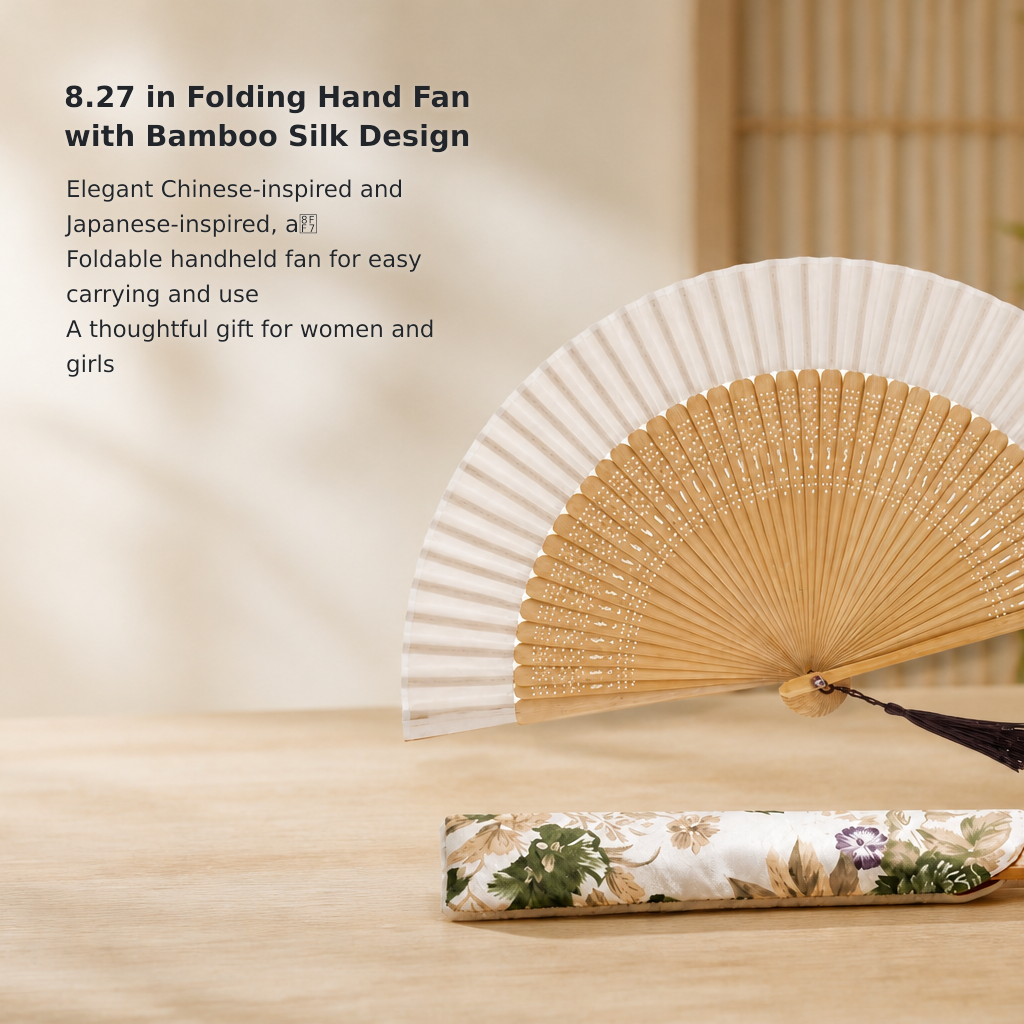 8.27-Inch Handheld Bamboo Silk Folding Fan, Brown