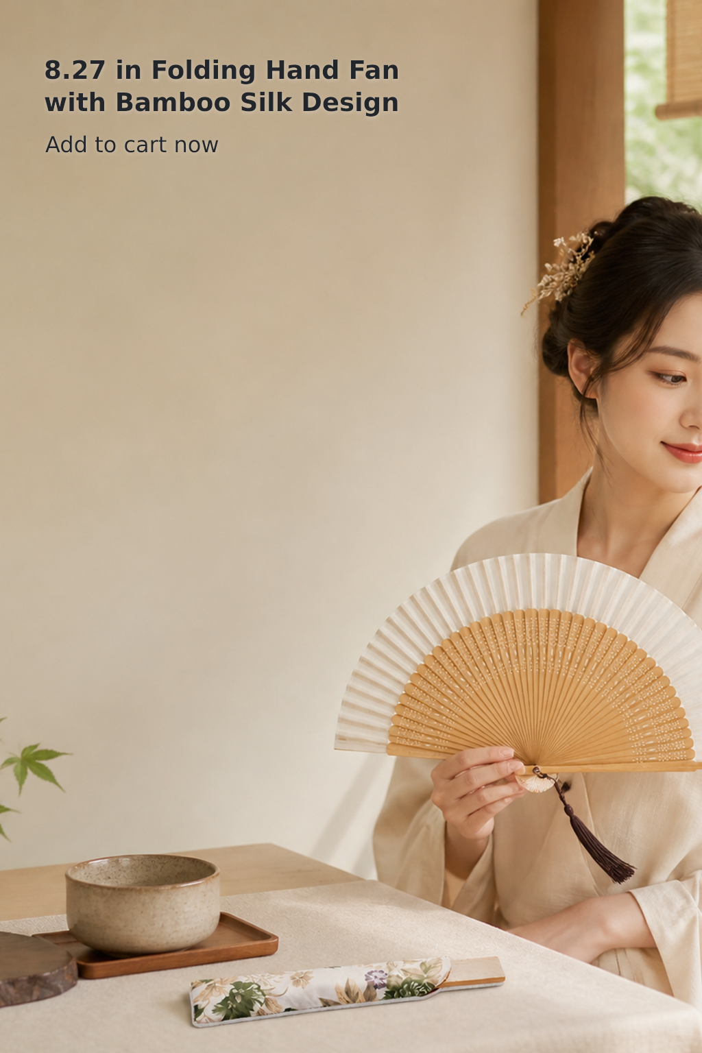 8.27-Inch Handheld Bamboo Silk Folding Fan, Brown